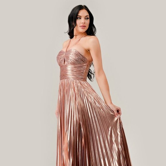 BRAND NEW LONG A-LINE SLEEVELESS LAME' DRESS WITH ADJUSTABLE SPAGHETTI STRAPS - Picture 5 of 12